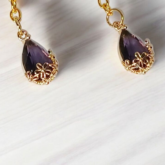 Victorian Revival Amethyst Gold Filigree Drop Earrings Gold over Silver Huggies Linear Dangle Drop Purple Tear Drop Charms Mod 1960s main image 1
